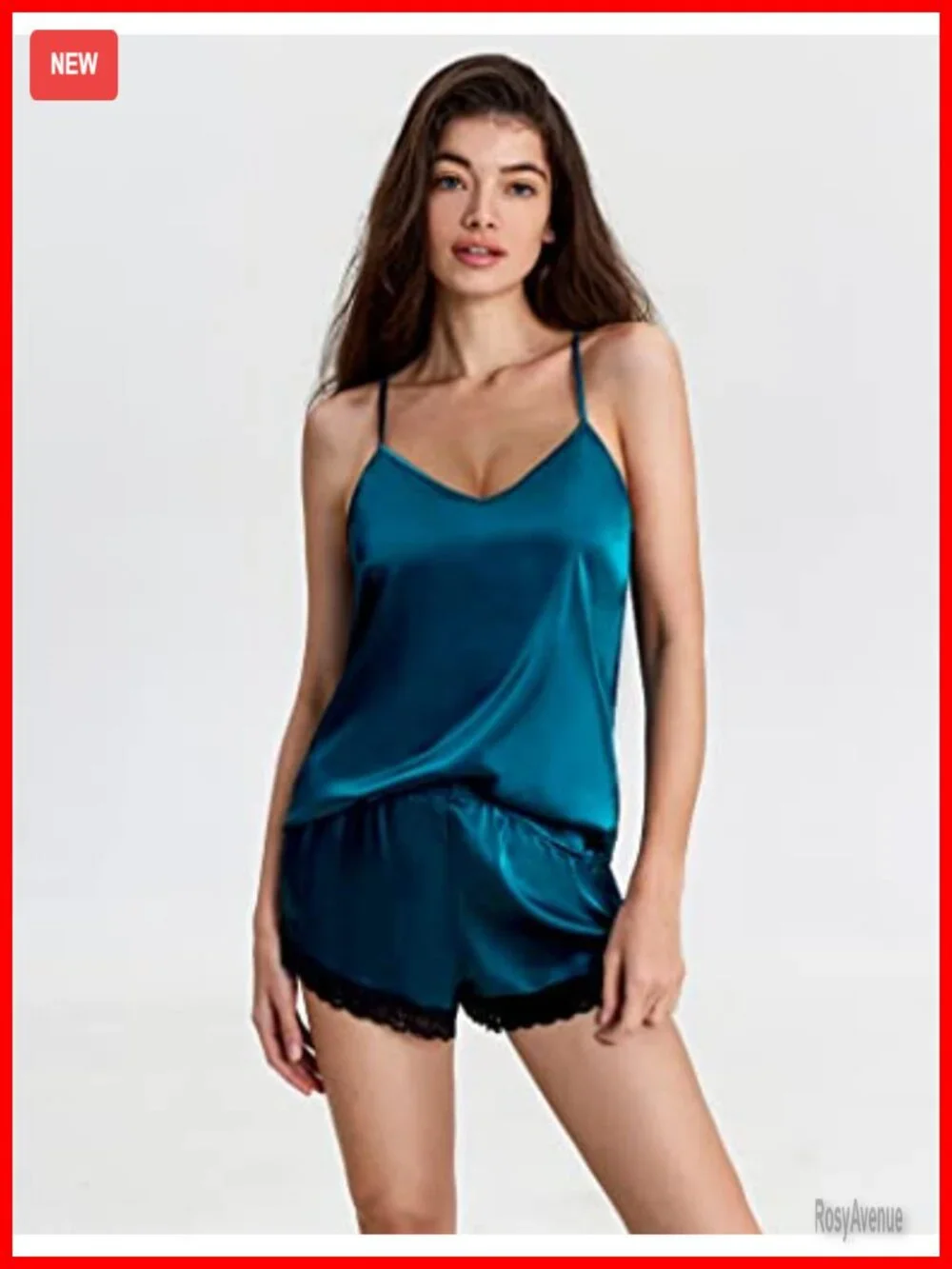Satin Cami Shorts Pajama Set with Lace Trim Sleepwear Lounge